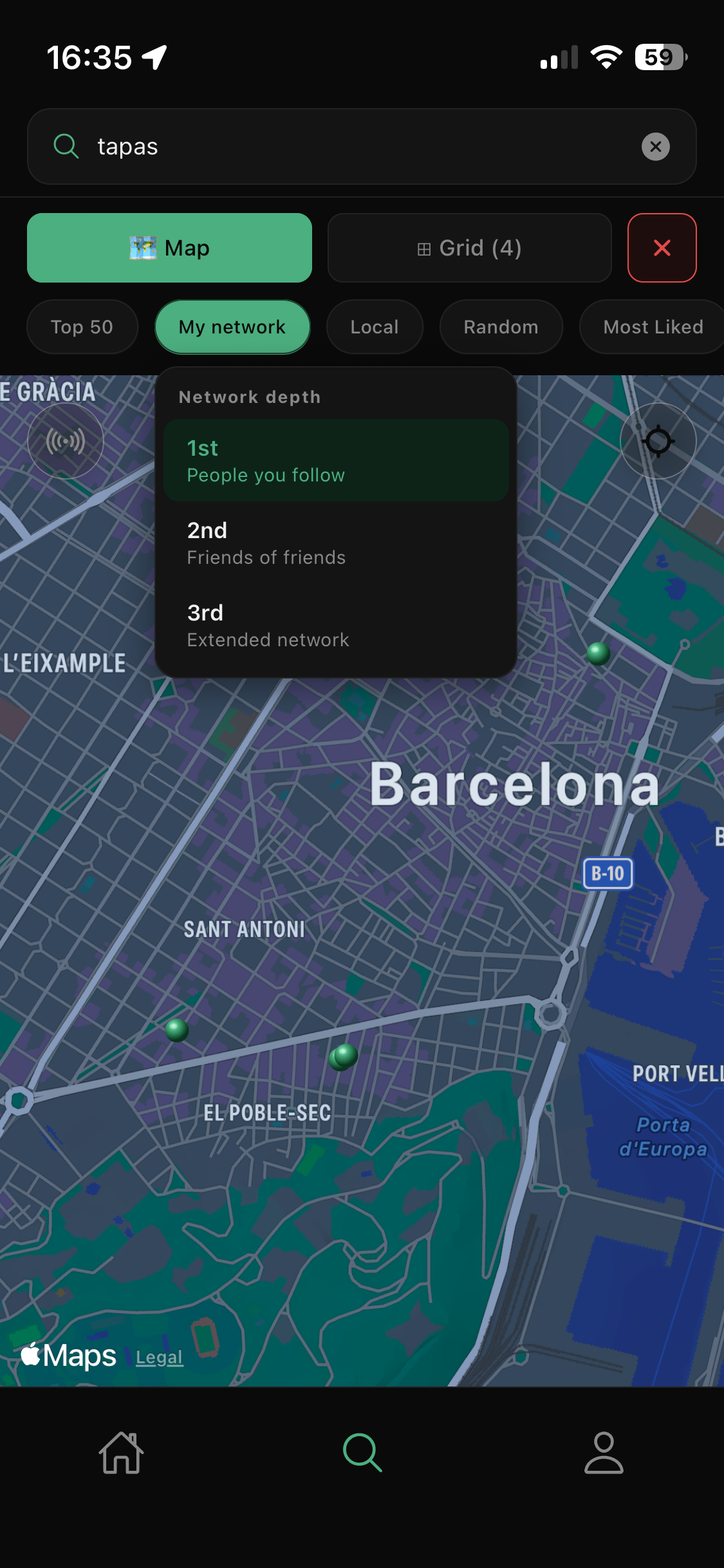 tipit network depth selector on the map